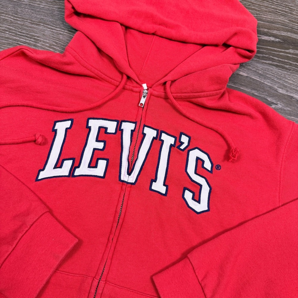 Y2K Levis Mens Hoodie Large Red Graphic Full Zip Sweatshirt Big Spellout Skater
